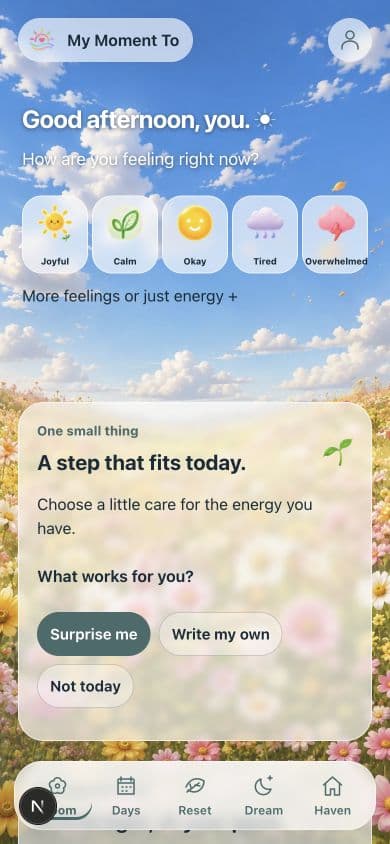Bloom preview with illustrated mood choices and a small next step