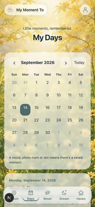 My Days preview showing a monthly calendar and selected day