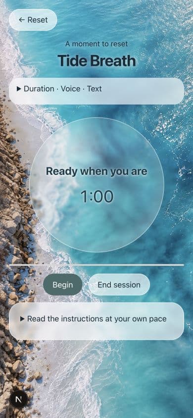 Tide Breath preview with a one-minute practice, Begin and End session controls